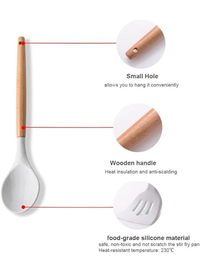 11 Pieces Silicone Cooking Utensils Set, Nonstick Cookware Set with Storage Bucket, Heat Resistant Kitchen Untensils Set with Premium Wood Handles