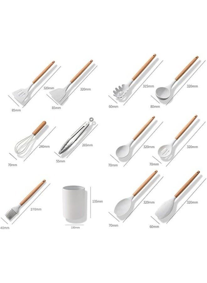 11 Pieces Silicone Cooking Utensils Set, Nonstick Cookware Set with Storage Bucket, Heat Resistant Kitchen Untensils Set with Premium Wood Handles