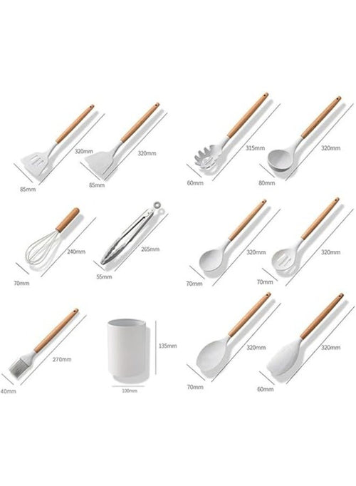 11 Pieces Silicone Cooking Utensils Set, Nonstick Cookware Set with Storage Bucket, Heat Resistant Kitchen Untensils Set with Premium Wood Handles
