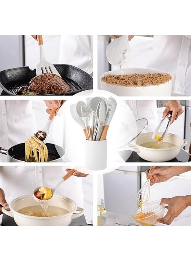 11 Pieces Silicone Cooking Utensils Set, Nonstick Cookware Set with Storage Bucket, Heat Resistant Kitchen Untensils Set with Premium Wood Handles