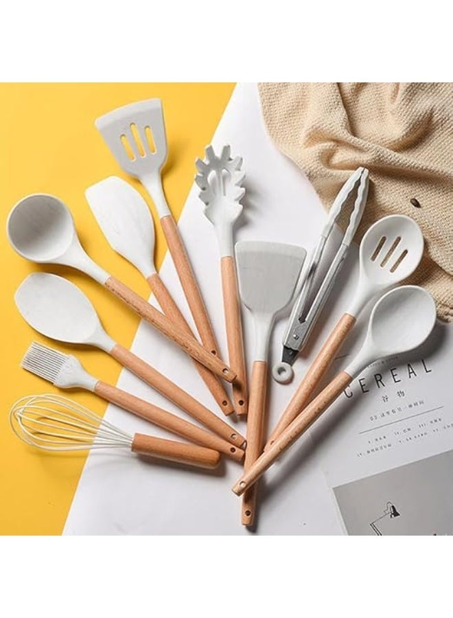 11 Pieces Silicone Cooking Utensils Set, Nonstick Cookware Set with Storage Bucket, Heat Resistant Kitchen Untensils Set with Premium Wood Handles