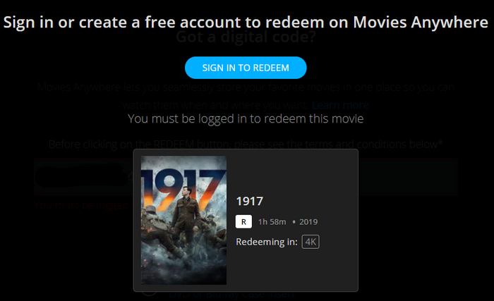 1917 4K Digital Code (2019) (Redeems in Movies Anywhere; 4K Vudu Fandango at Home & 4K iTunes Apple TV Transfer From Movies Anywhere)