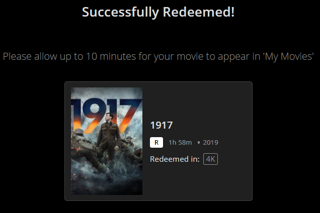 1917 4K Digital Code (2019) (Redeems in Movies Anywhere; 4K Vudu Fandango at Home & 4K iTunes Apple TV Transfer From Movies Anywhere)