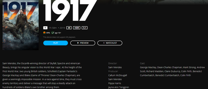 1917 4K Digital Code (2019) (Redeems in Movies Anywhere; 4K Vudu Fandango at Home & 4K iTunes Apple TV Transfer From Movies Anywhere)
