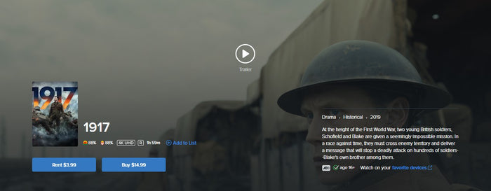 1917 4K Digital Code (2019) (Redeems in Movies Anywhere; 4K Vudu Fandango at Home & 4K iTunes Apple TV Transfer From Movies Anywhere)