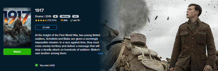 1917 4K Digital Code (2019) (Redeems in Movies Anywhere; 4K Vudu Fandango at Home & 4K iTunes Apple TV Transfer From Movies Anywhere)