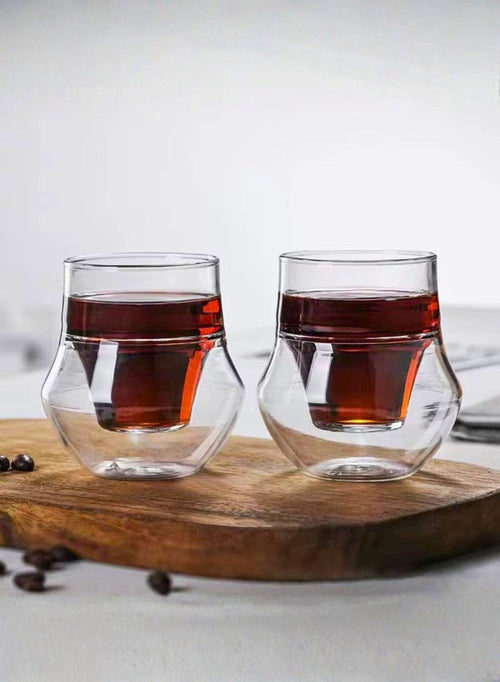 1Chase Set of 2- 100 ML Borosilicate Modern Curved Design Double Wall Insulated Coffee Glass Cup for Hot and Cold Beverages