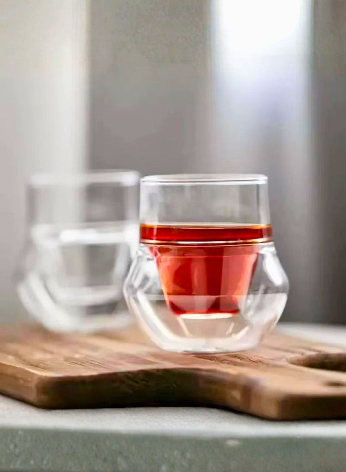 1Chase Set of 2- 100 ML Borosilicate Modern Curved Design Double Wall Insulated Coffee Glass Cup for Hot and Cold Beverages