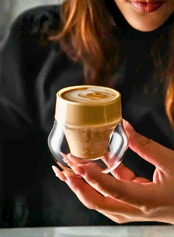 1Chase Set of 2- 100 ML Borosilicate Modern Curved Design Double Wall Insulated Coffee Glass Cup for Hot and Cold Beverages