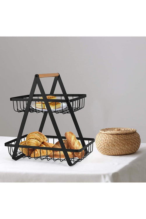 2 Tier Countertop Fruit Storage Basket, Vegetable Rack Bread Display Stand for Kitchen, Black