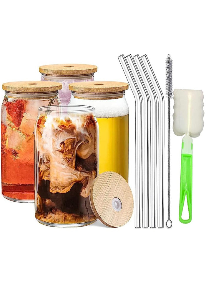 4Pcs Glass Cups with Bamboo Lids and Straw Boba Drinking Glasses Reusable Travel Tumbler Bottle for Smoothie Iced Coffee Bubble Tea 400ML