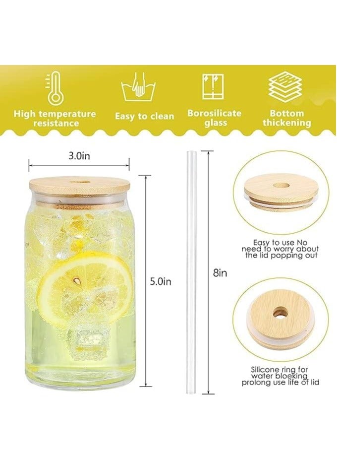 4Pcs Glass Cups with Bamboo Lids and Straw Boba Drinking Glasses Reusable Travel Tumbler Bottle for Smoothie Iced Coffee Bubble Tea 400ML