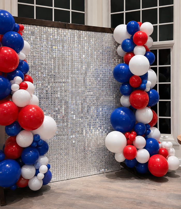 4th Of July Shimmer Wall Rental with Custom Sign and  Balloon Garland (7ft-9ft)