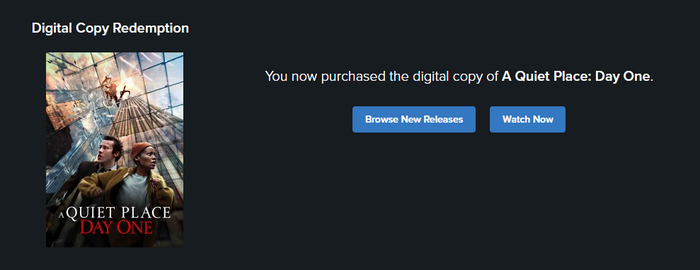 A Quiet Place: Day One Vudu Fandango at Home HDX Digital Code (2024)