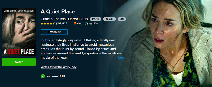 A Quiet Place UHD Vudu Digital Code (2018)