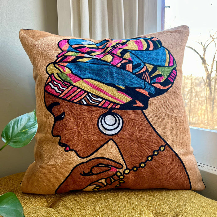 African Queen Embroidered Pillow Cover