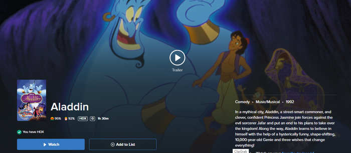 Aladdin HD Digital Code (1992 animated theatrical version) (Redeems in Movies Anywhere; HDX Vudu & HD iTunes Transfer From Movies Anywhere)