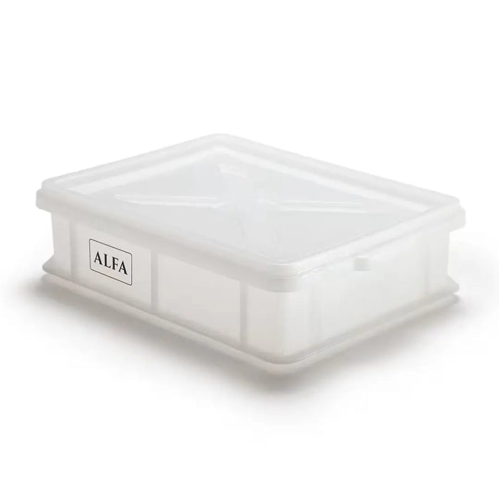 Alfa Pizza Dough Box with a white lid on a white background, featuring the brand 'ALFA'.