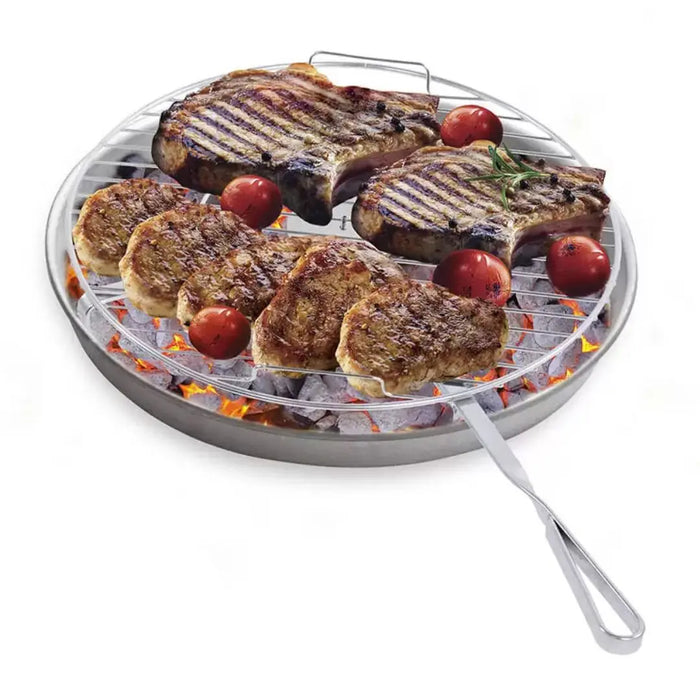 Grilled meat with tomatoes on a Alfa metal BBQ 500 grill pan.