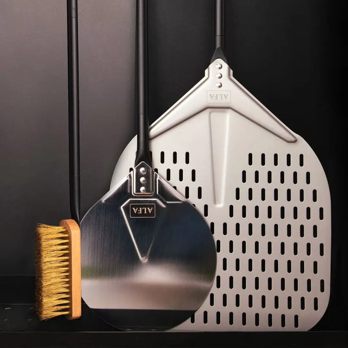 Set of Alfa pizza oven tools including a peel, turner and brush on modular cooking station