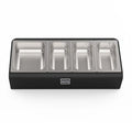 Stainless steel Alfa pizza oven topping station with four compartments and black frame on a white background