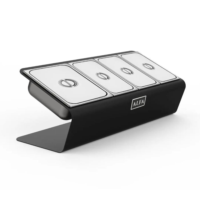 Stainless steel Alfa pizza oven topping station with four compartments and black frame on a white background