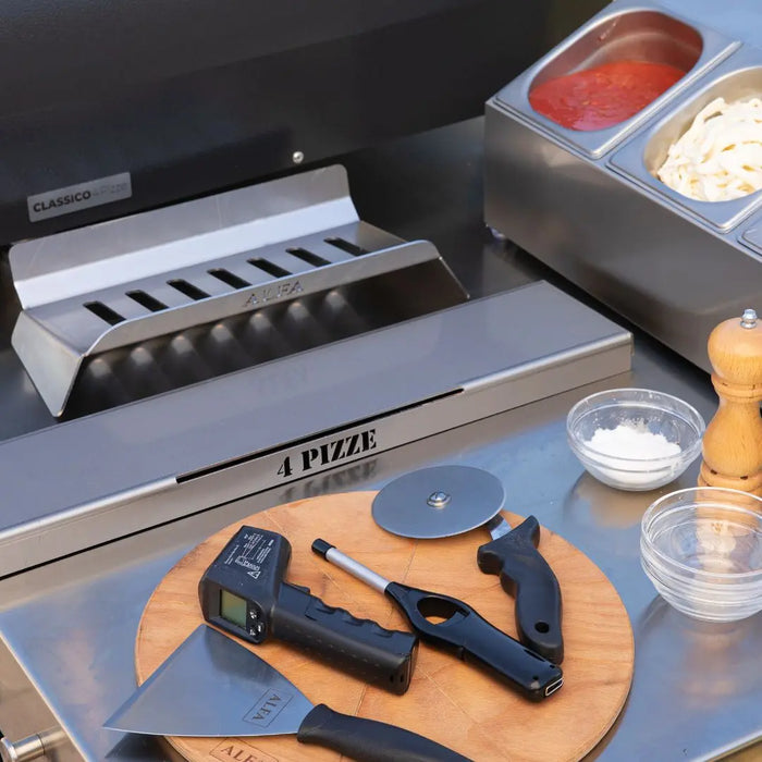 Alfa pizza oven cooking station with log holder, topping station, cutting board
