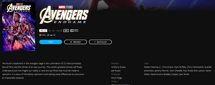 Avengers: Endgame Google Play YouTube HD Digital Code (2019) (Redeems in Google Play; HDX Vudu Fandango at Home & HD iTunes Apple TV Transfer Across)
