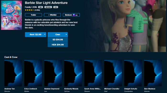 Barbie: Star Light Adventure HD Digital Code (Redeems in Movies Anywhere; HDX Vudu & HD iTunes & HD Google TV Transfer From Movies Anywhere)