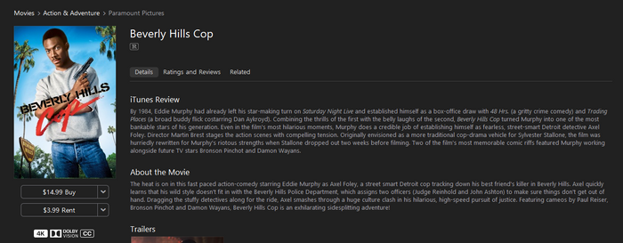 Beverly Hills Cop iTunes Apple TV 4K Digital Code (1984)