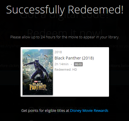 Black Panther HD Digital Code (Redeems in Movies Anywhere; HDX Vudu & HD iTunes & HD Google TV Transfer From Movies Anywhere)