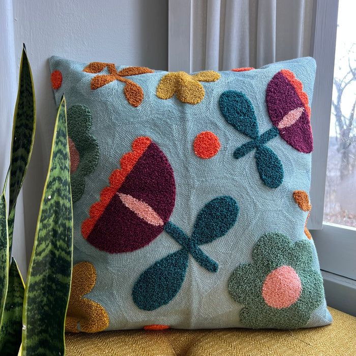 Blue Floral Tufted Embroidered Pillow Cover