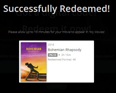 Bohemian Rhapsody 4K Digital Code (2018) (Redeems in Movies Anywhere; 4K Vudu Fandango at Home & 4K iTunes Apple TV Transfer From Movies Anywhere)