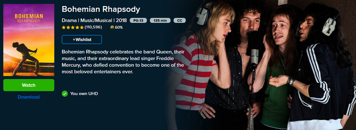Bohemian Rhapsody 4K Digital Code (2018) (Redeems in Movies Anywhere; 4K Vudu Fandango at Home & 4K iTunes Apple TV Transfer From Movies Anywhere)