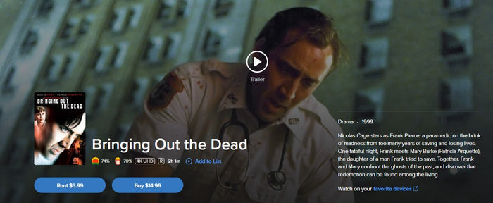 Bringing Out The Dead Vudu Fandango at Home 4K Digital Code (1999)