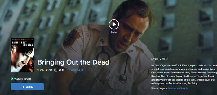 Bringing Out The Dead Vudu Fandango at Home 4K Digital Code (1999)