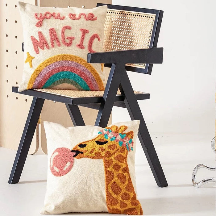Bubble Gum Giraffe Embroidered Tufted Pillow Cover