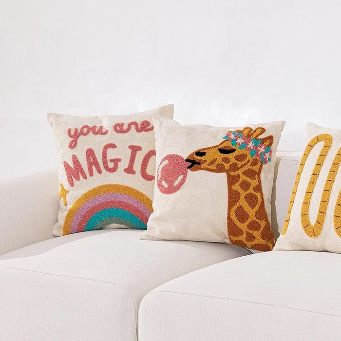 Bubble Gum Giraffe Embroidered Tufted Pillow Cover