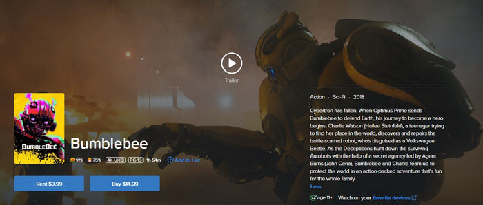 Bumblebee Vudu Fandango at Home 4K Digital Code (2018)