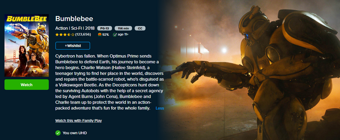 Bumblebee Vudu Fandango at Home 4K Digital Code (2018)