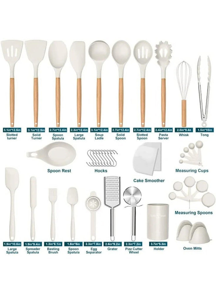 Caannasweis Kitchen Silicone 44 PCS Cooking Utensils Set, Kitchen Food-grade Non-Stick Heat Resistant Wooden Handle Gadgets Tools Set Cookware with Holder, Turner Spoon Brush Whisk Tongs Bucket （Beige)