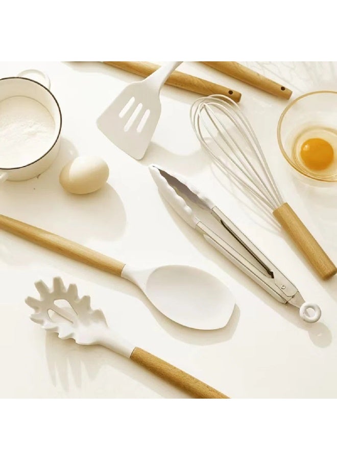 Caannasweis Kitchen Silicone 44 PCS Cooking Utensils Set, Kitchen Food-grade Non-Stick Heat Resistant Wooden Handle Gadgets Tools Set Cookware with Holder, Turner Spoon Brush Whisk Tongs Bucket （Beige)