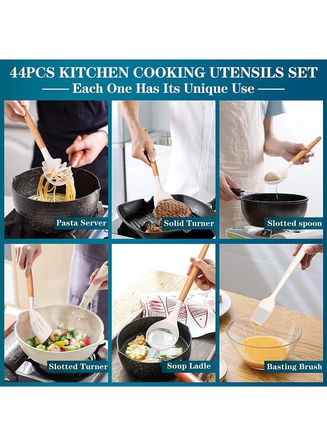 Caannasweis Kitchen Silicone 44 PCS Cooking Utensils Set, Kitchen Food-grade Non-Stick Heat Resistant Wooden Handle Gadgets Tools Set Cookware with Holder, Turner Spoon Brush Whisk Tongs Bucket （Beige)