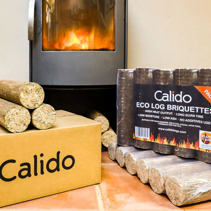 Calido Eco Log Briquettes in front of a fire