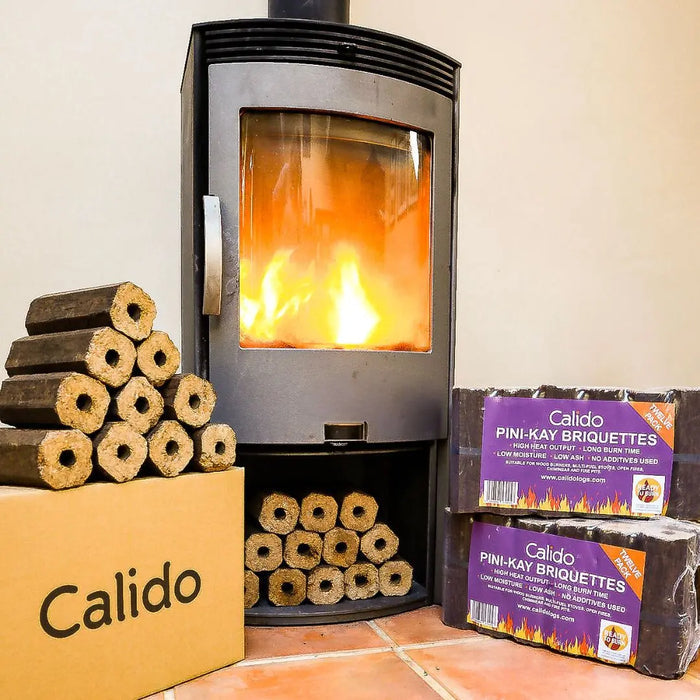 Calido Pini Kay Briquettes in front of a wood burning stove