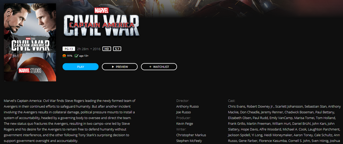 Captain America: Civil War HD Digital Code (2016) (Redeems in Movies Anywhere; HDX Vudu Fandango at Home & HD iTunes Apple TV Transfer From Movies Anywhere)
