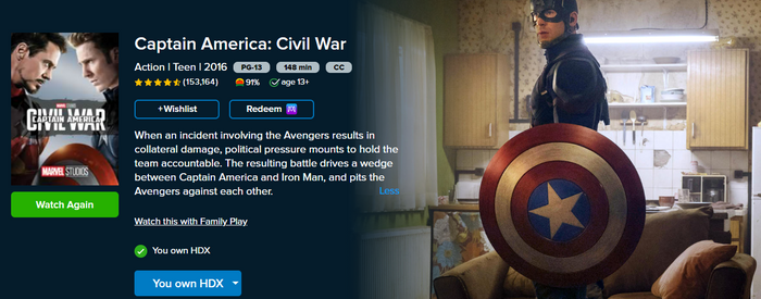 Captain America: Civil War HD Digital Code (2016) (Redeems in Movies Anywhere; HDX Vudu Fandango at Home & HD iTunes Apple TV Transfer From Movies Anywhere)