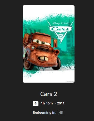 Cars 2 4K Digital Code (2011) (Redeems in Movies Anywhere; 4K Vudu Fandango at Home & 4K iTunes Apple TV Transfer From Movies Anywhere)
