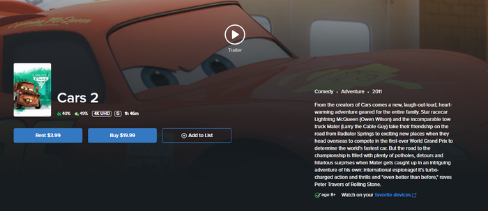 Cars 2 4K Digital Code (2011) (Redeems in Movies Anywhere; 4K Vudu Fandango at Home & 4K iTunes Apple TV Transfer From Movies Anywhere)