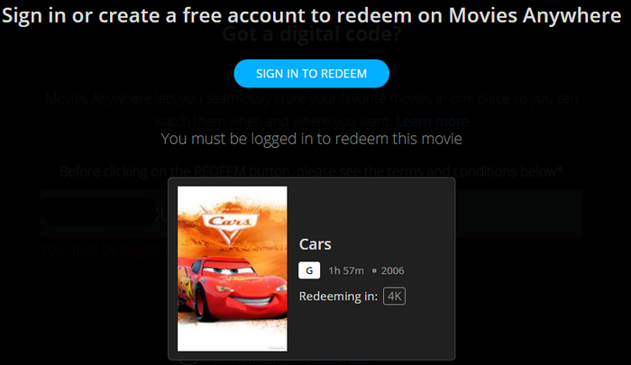Cars 4K Digital Code (2006) (Redeems in Movies Anywhere; 4K Vudu Fandango & 4K iTunes Apple TV Transfer From Movies Anywhere)
